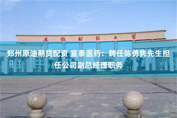 郑州原油期货配资 宣泰医药：聘任陈勇隽先生担任公司副总经理职务